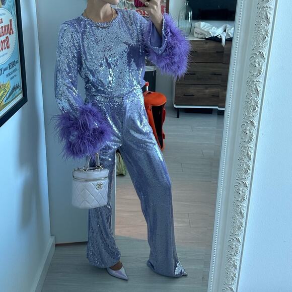 Purple Sequin and Feather Matching Set long sleeve high waist XS/S - Picture 8 of 10
